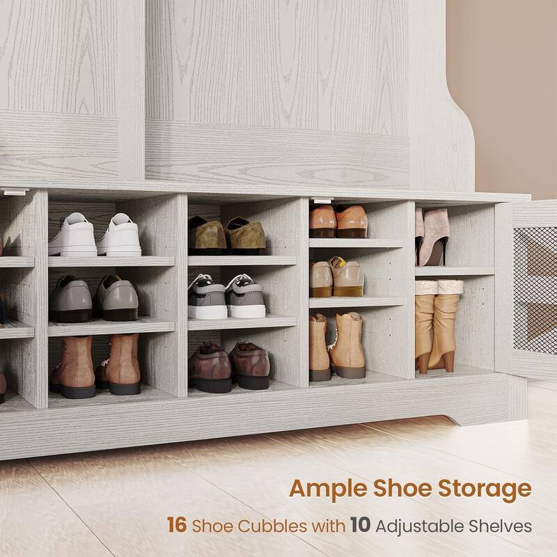 Hall Tree w/ Bench Shoe Storage Shoe Cubby Barn Door Adjustable Shelf