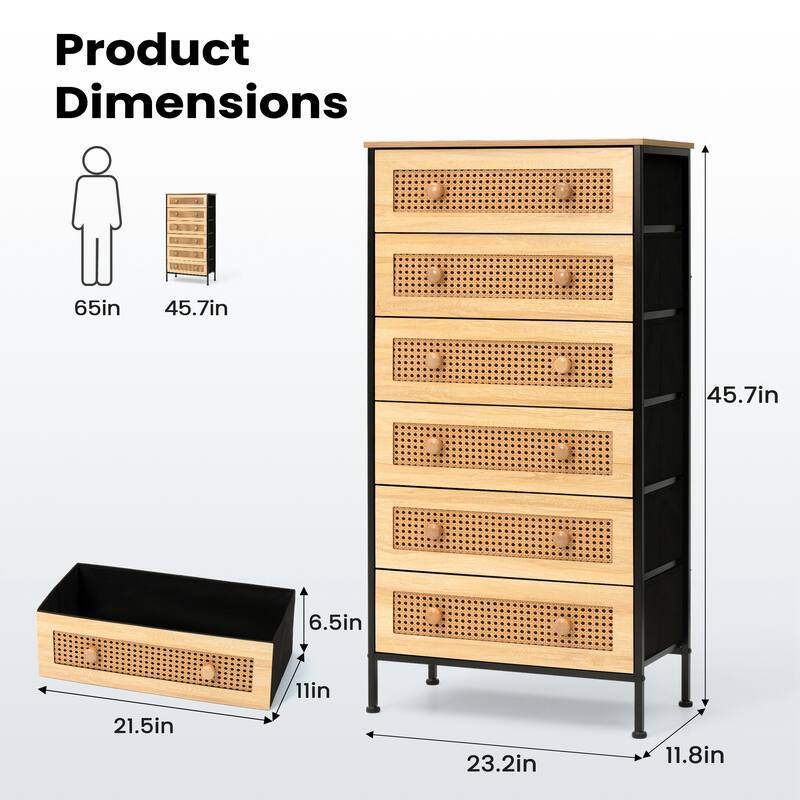 VredHom 6-Drawer PE Rattan Storage Cabinet Closet Dresser