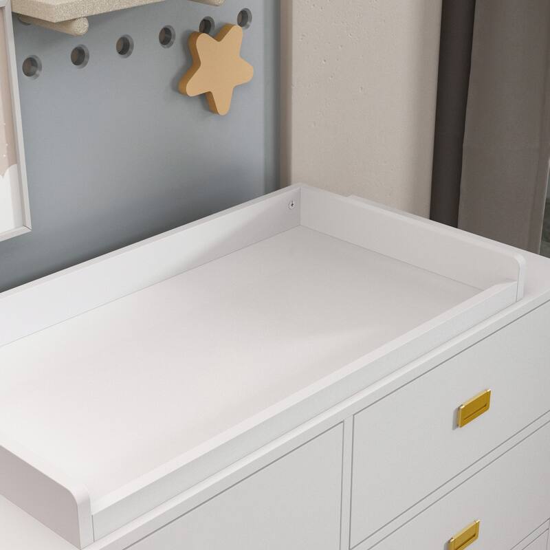 Dresser 6 Drawers With Baby Changing Table In White/Grey Golden Handle - 45.1"W
