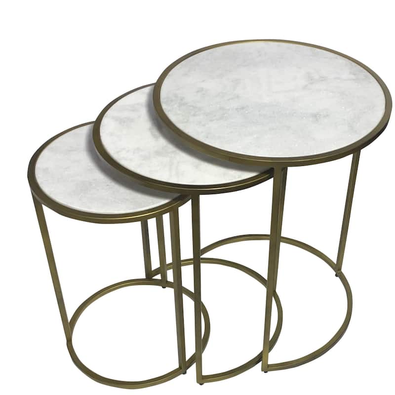 HomeRoots Set of Three White and Antiqued Gold Marble and Iron Round Frame Nested Tables - 17.5 in. x 22 in. x 17.5 in.