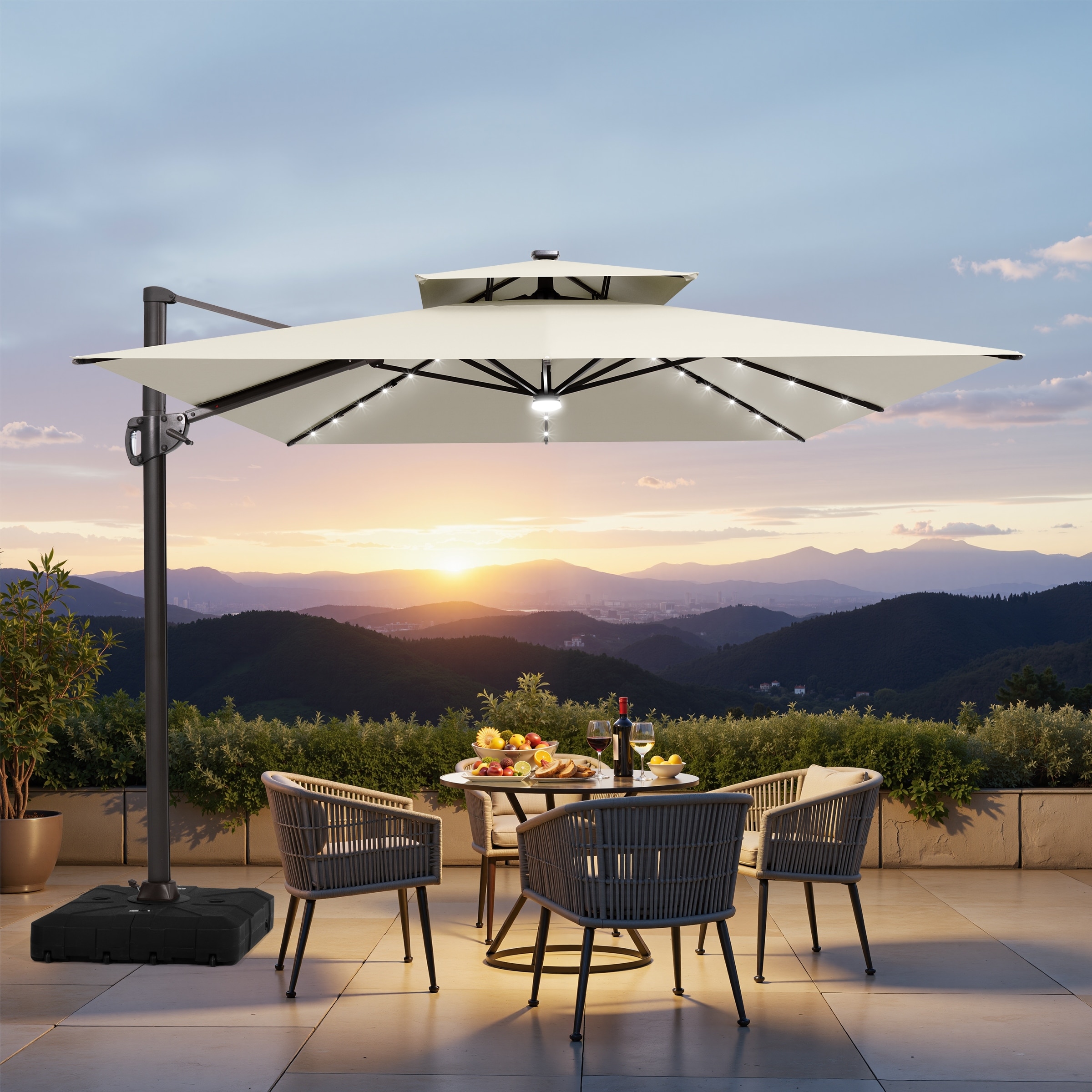 best cantilever patio sun umbrellas with led lights Rotihom 11FT Solar Powered Light Umbrella Base Included, Large Cantilever Umbrella with 360Rotation, Heavy-Duty Offset Outdoor Umbrella for Patio,Pool,Backyard (Champagne) : Patio, Lawn & Garden integrated lighting 15FT Cantilever Patio Umbrella with