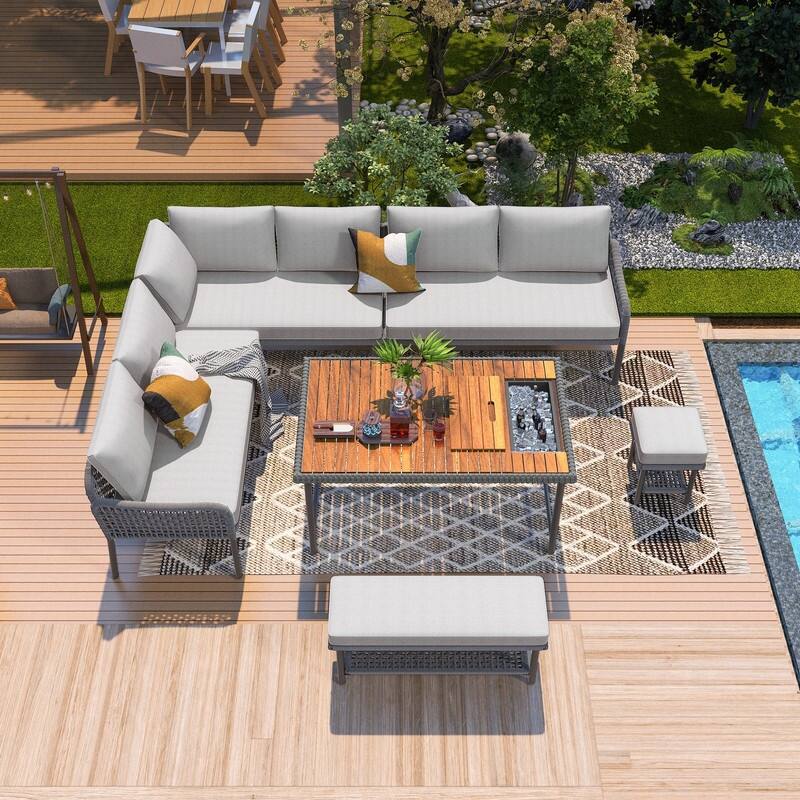6-Piece L-Shaped Outdoor Sectional Sofa Set with Acacia Wood Table and Ice Box for Comfortable Patios
