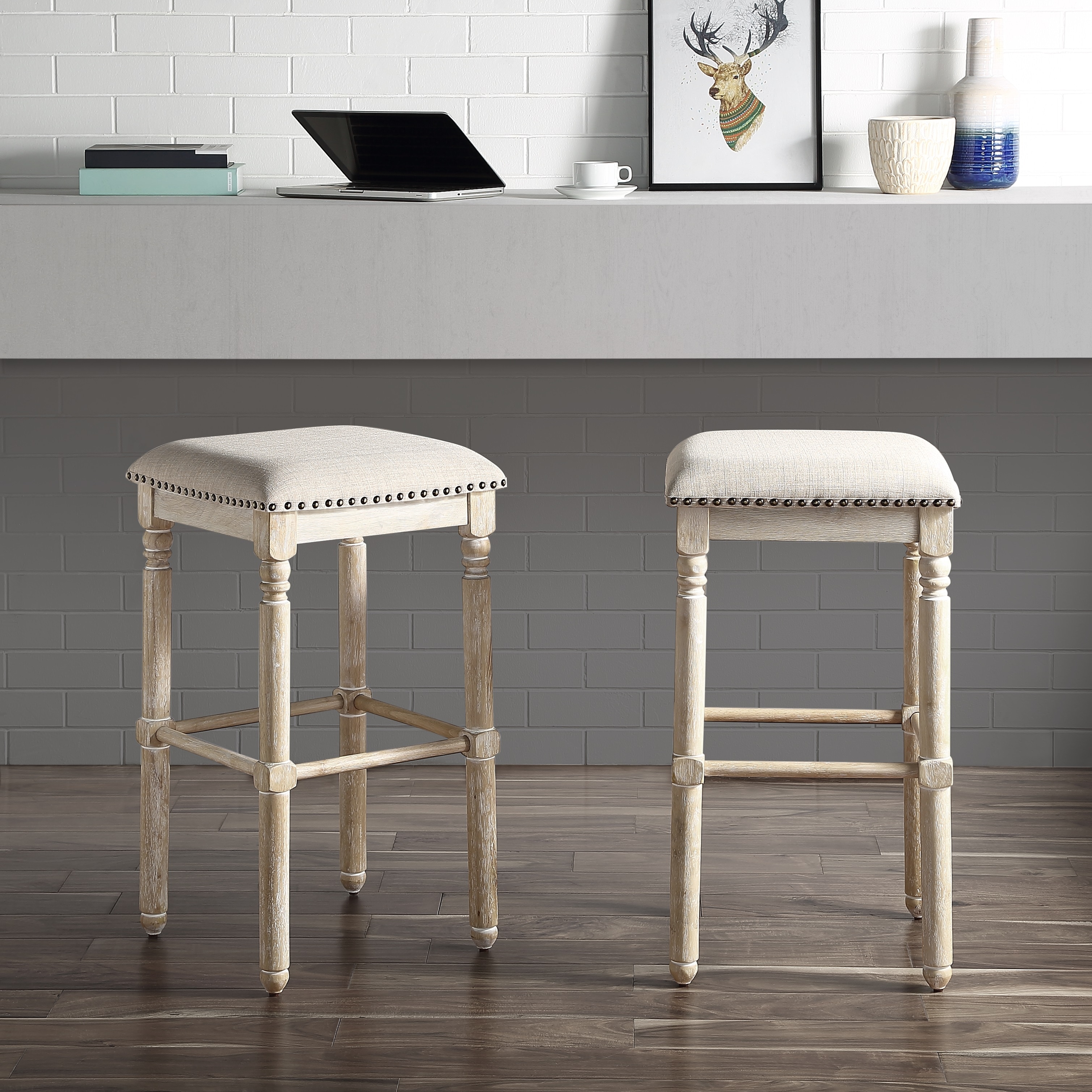 Wood Upholstered Swivel Bar Stools in Tan (Set of 2)