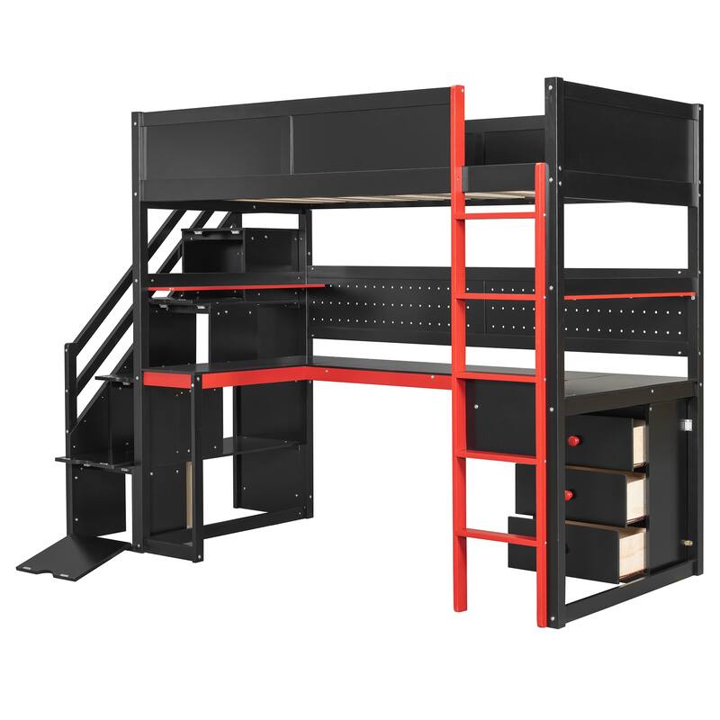Gaming Loft Bed with Recessed Table Cabinet Pegboard Storage Stairs