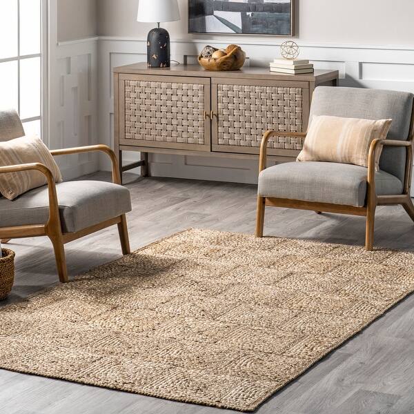 slide 2 of 9, Nuloom Leva Square Tiled Jute Area Rug 5' x 8' - Natural - Rectangle