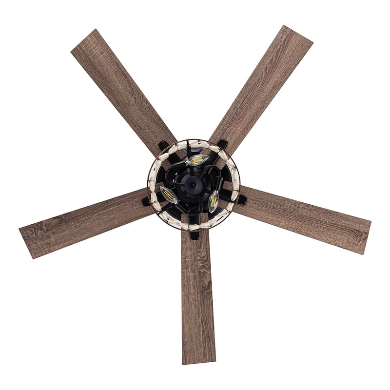 52" Farmhouse Wood Beaded Black Caged Ceiling Fan with Light and Remote