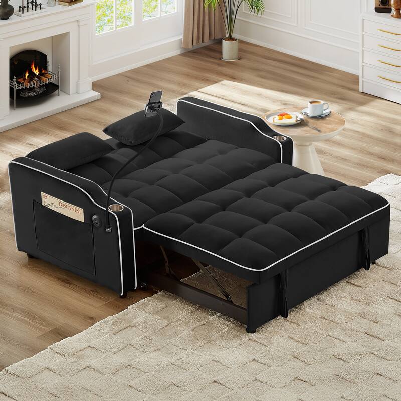 Versatile Foldable Double Seat Recliner,Comfortable Velvet Pull-Out Sleeper Sofa Bed with Side Pockets,Swivel Phone Stand