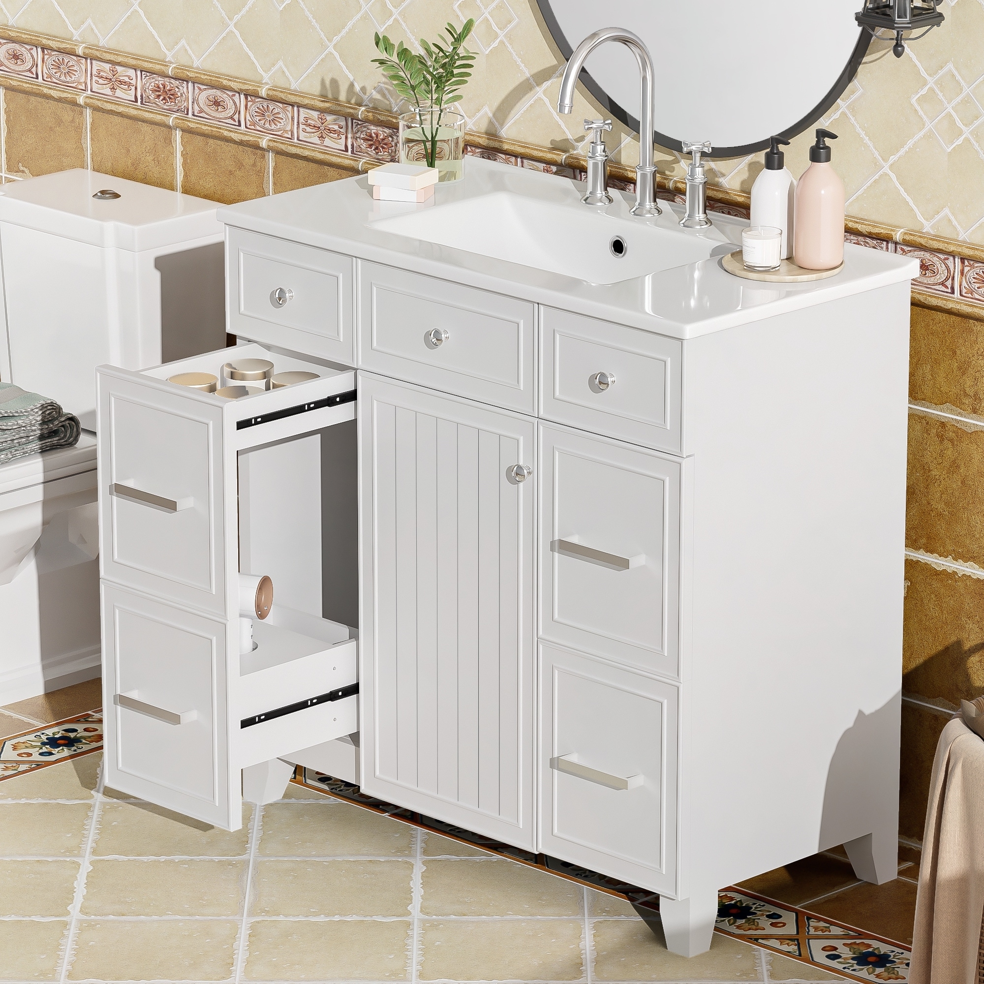36" Vanity, Ceramic Sink, Solid Wood, White