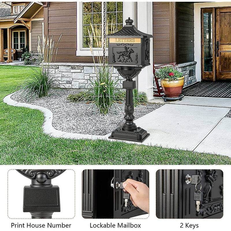 Retro Mid-century Aluminum Cast Mailbox with Post and Keys, Locking Residential Rust-Proof Security Postal Mailboxes