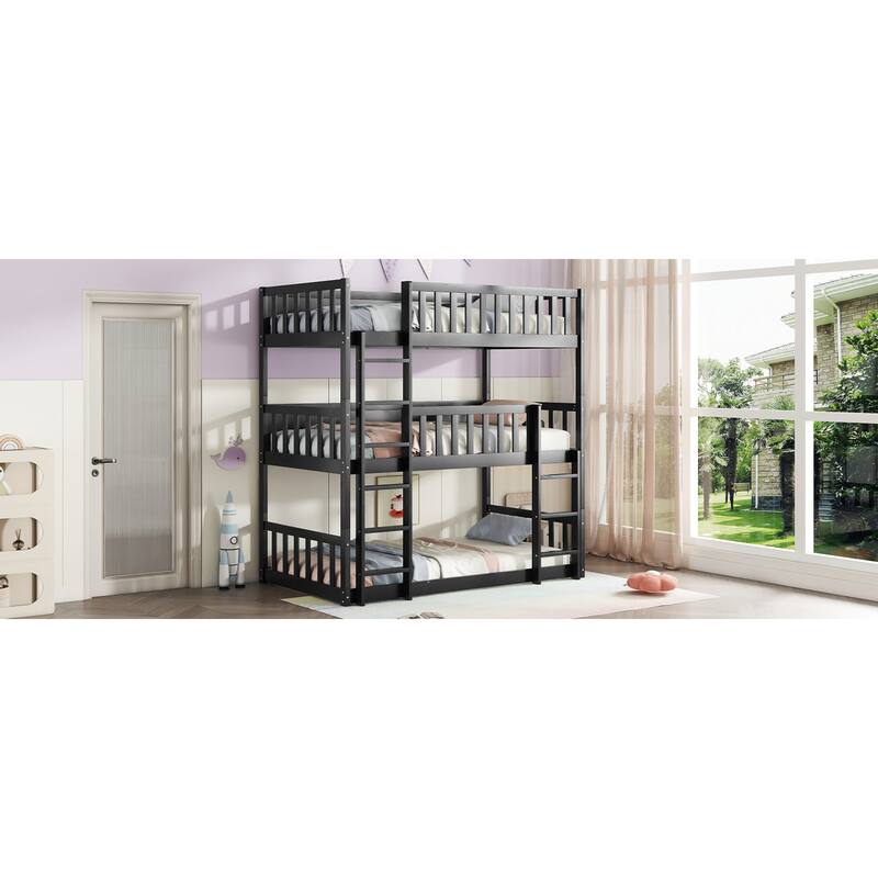 Roomfitters Twin Triple Bunk Bed, Rubber Wood Detachable Design with Ladders and Guardrails, Twin over Twin over Twin