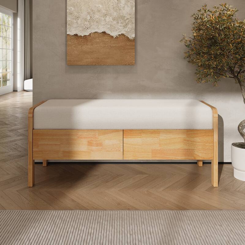 Christopher Knight Home - Soft Cushion Oak Beige Upholstered Storage Ottoman Bench with Rattan Sides and Wooden Legs