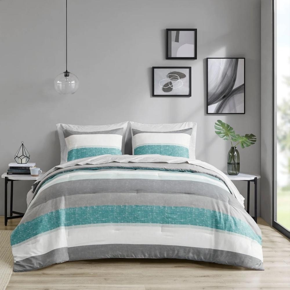 Queen Comforter Set with Bed Sheets Aqua Grey 90 x 90