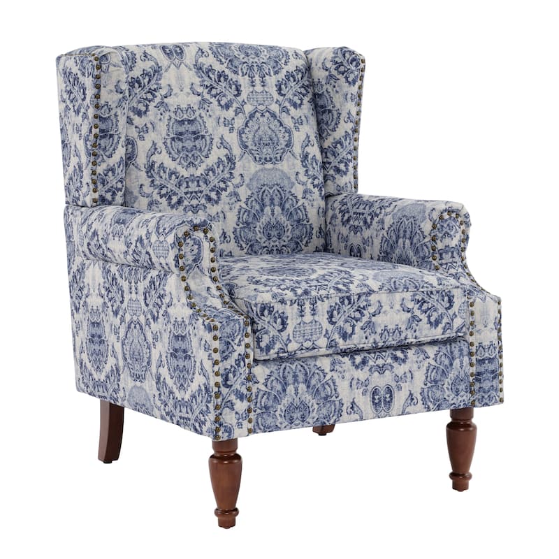 Traditional Floral Patterned Wingback Armchair with Nailhead Trim