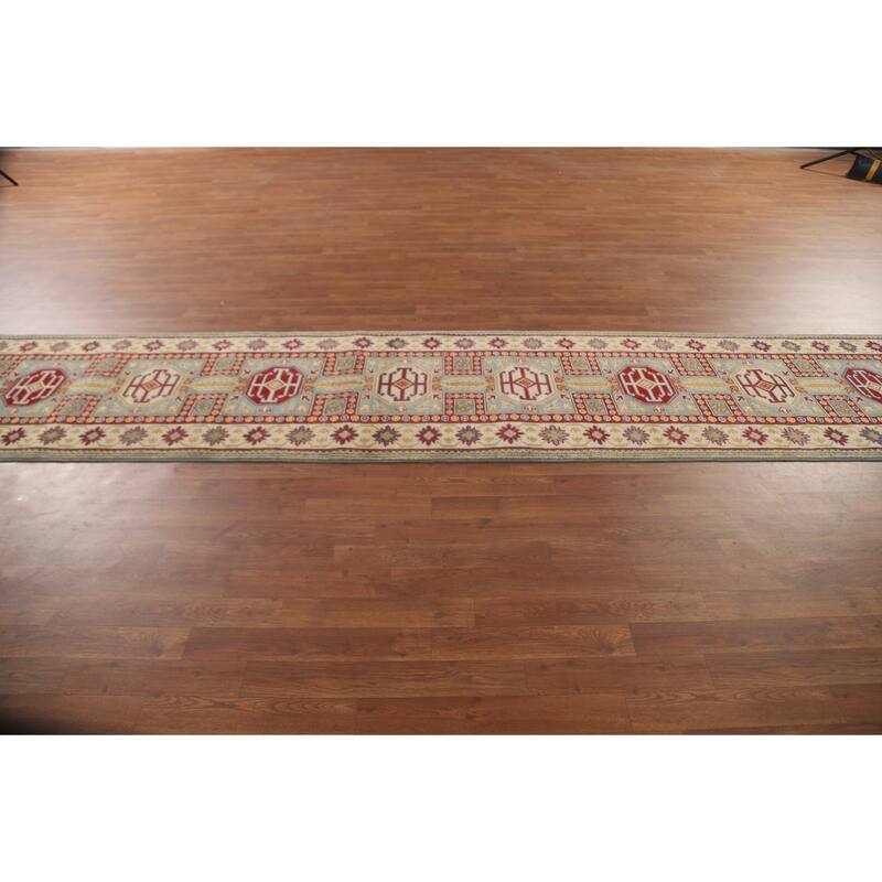 Geometric Kazak Runner Rug Handmade Traditional Blue Wool Carpet - 2'8" x 13'6"