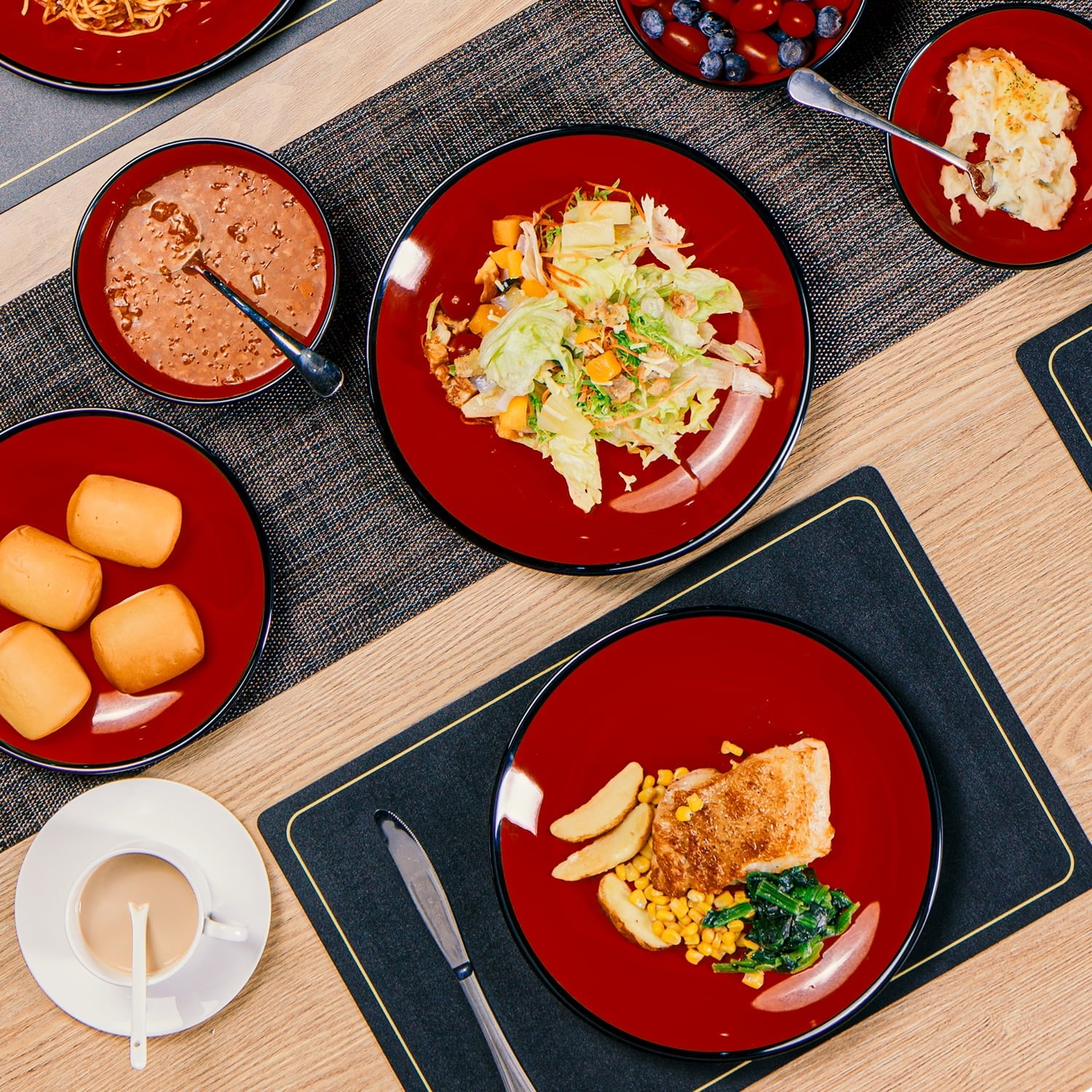 Dinnerware Sets Melamine Dinner Service for 6 18 Piece Plates and Bowls Set Black and Red Green