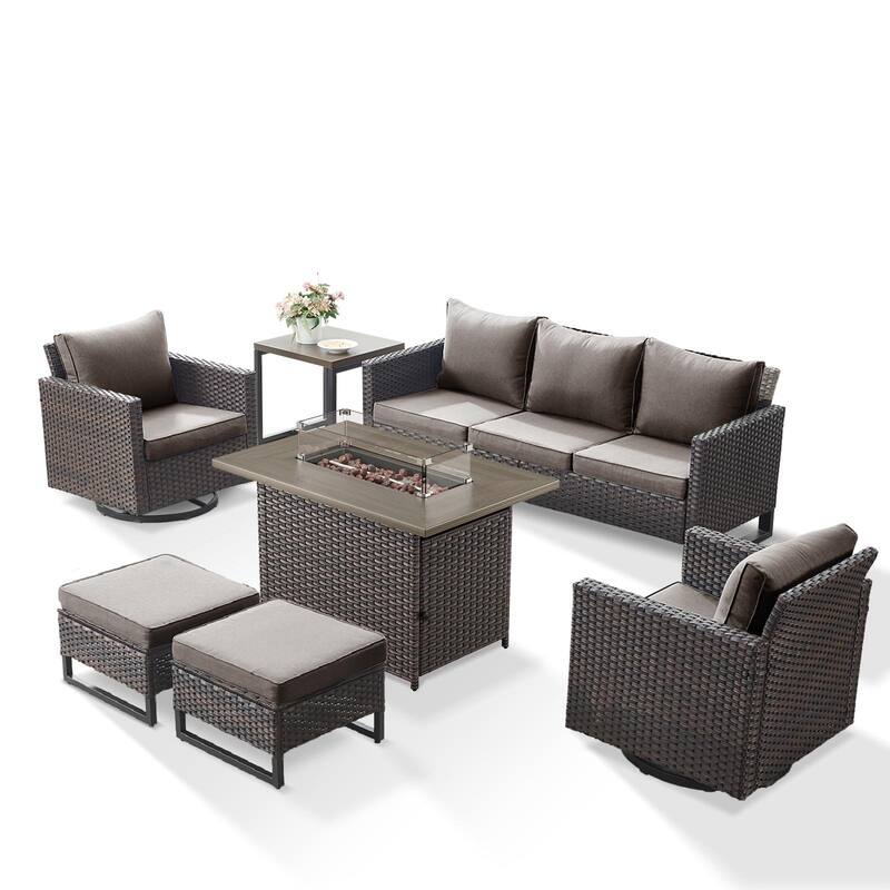 Outdoor Sofa Swivel Chairs Ottomans and Fire Pit Table