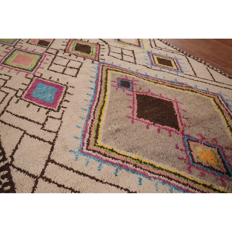 All-Over Plush Geometric Moroccan Area Rug Handmade Wool Carpet - 6'9" x 10'2"