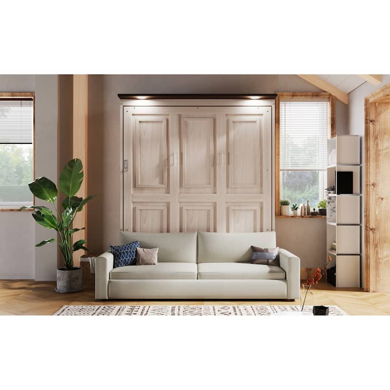 Roomfitters Queen Murphy Bed with Foldable Sofa and LED Lights, Space Saving, Beige