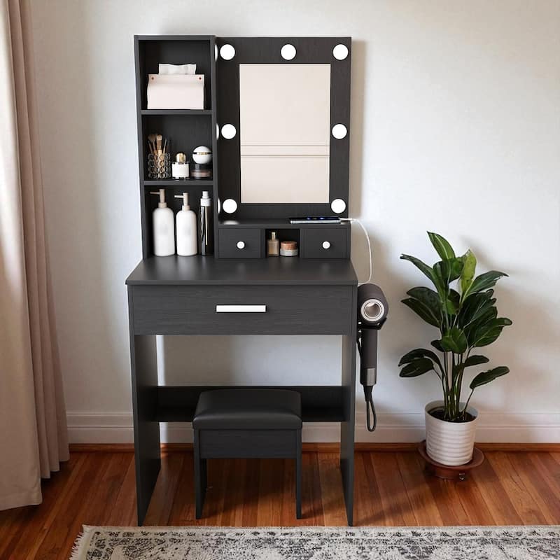 Small Vanity Desk with LED Mirror, Charging Station, Hairdryer Holder & Storage Drawers, Makeup Table with Stool - Black