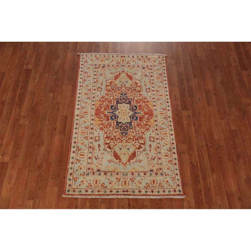 Geometric Heriz Serapi Vegetable Dye Accent Rug Handmade Wool Carpet - 3'0"x 4'10"