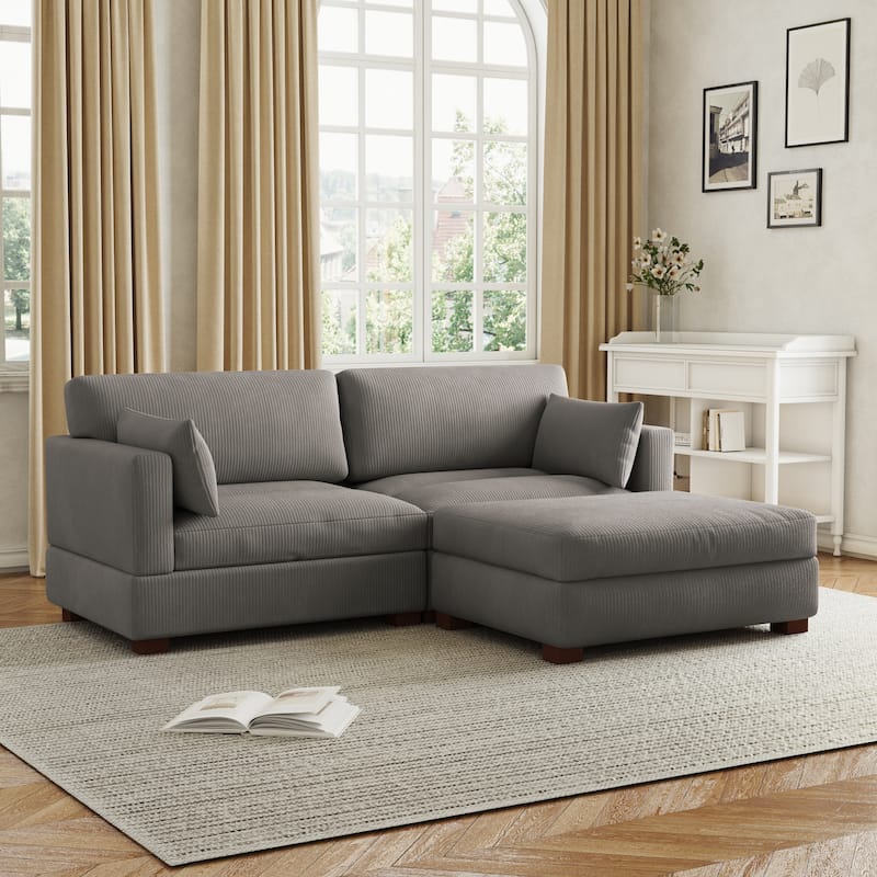 85in.W Corduroy Modular 3-Piece L-Shaped Sectional Sofa with Ottoman