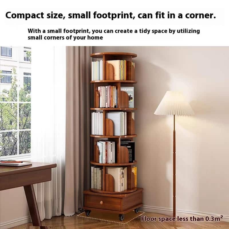 Anmytek 360 Rotating Corner Bookshelf with Wheels Space Saving Storage for Small Rooms