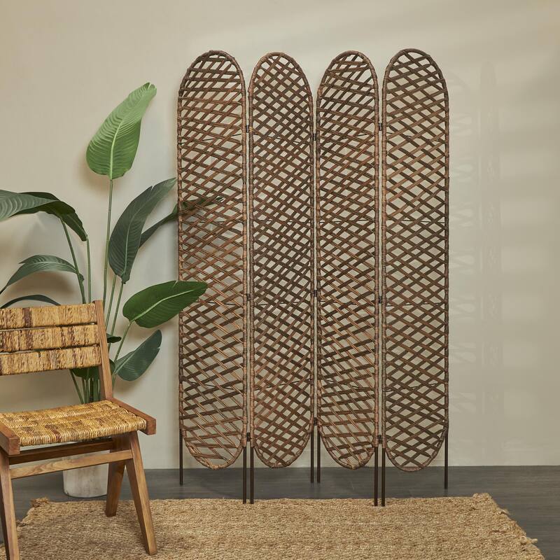 Metal Geometric Handmade Foldable Freestanding Woven Room Divider Screen with 4 Oval Shaped Panels - Copper - Roche River Decor