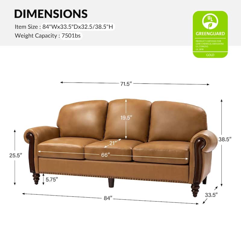 Eduard 84" Traditional Genuine Leather Sofa with Carved Wood Legs by HULALA HOME