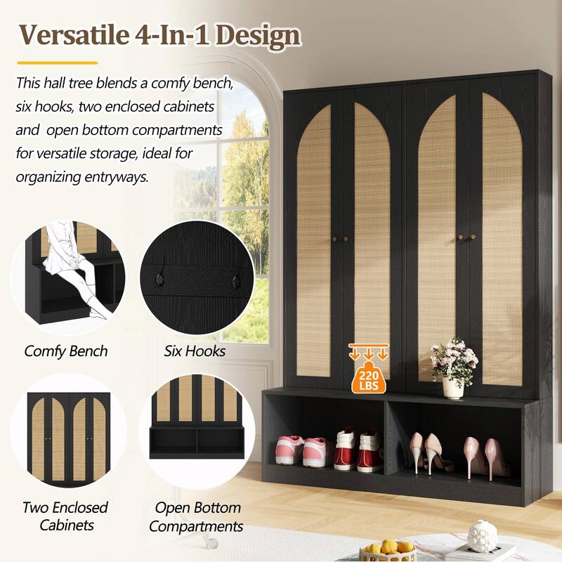 Farmhouse Wide Hall Tree with 4 Rattan Doors, Versatile 4-in-1 Seating Bench with 6 Hooks
