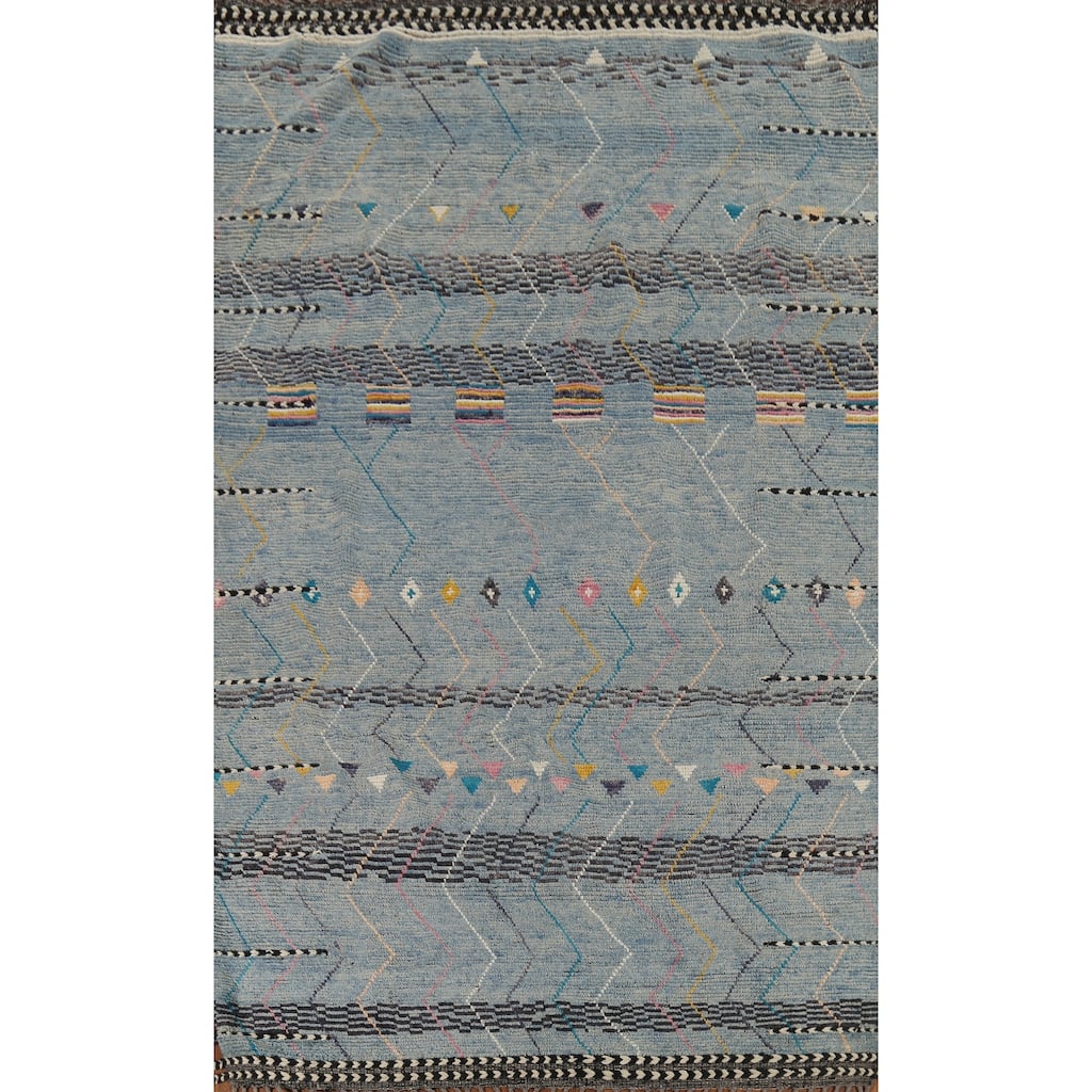 Striped Moroccan Oriental Area Rug Hand-Knotted Wool Carpet - 6'7"x 10'10"