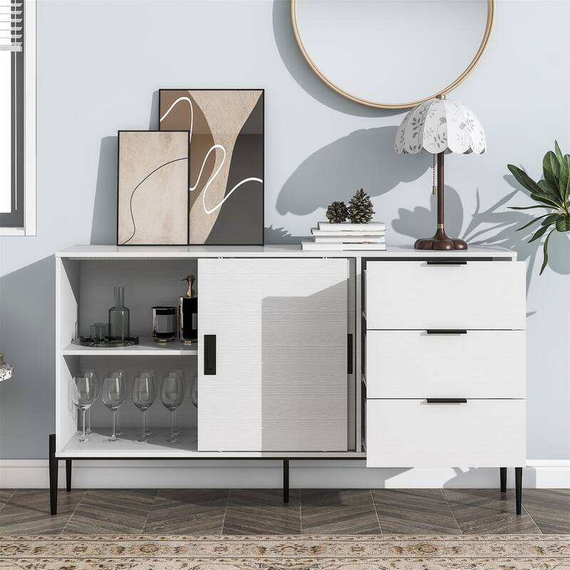 Sideboard with Glass Sliding Door and 3 Drawers - White