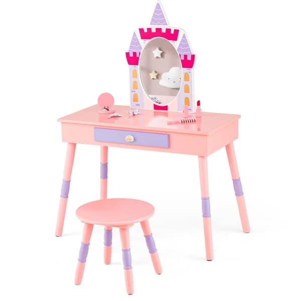 slide 2 of 6, Kids Vanity Set Princess Makeup Pretend Play Dressing Mirror Pink Pink