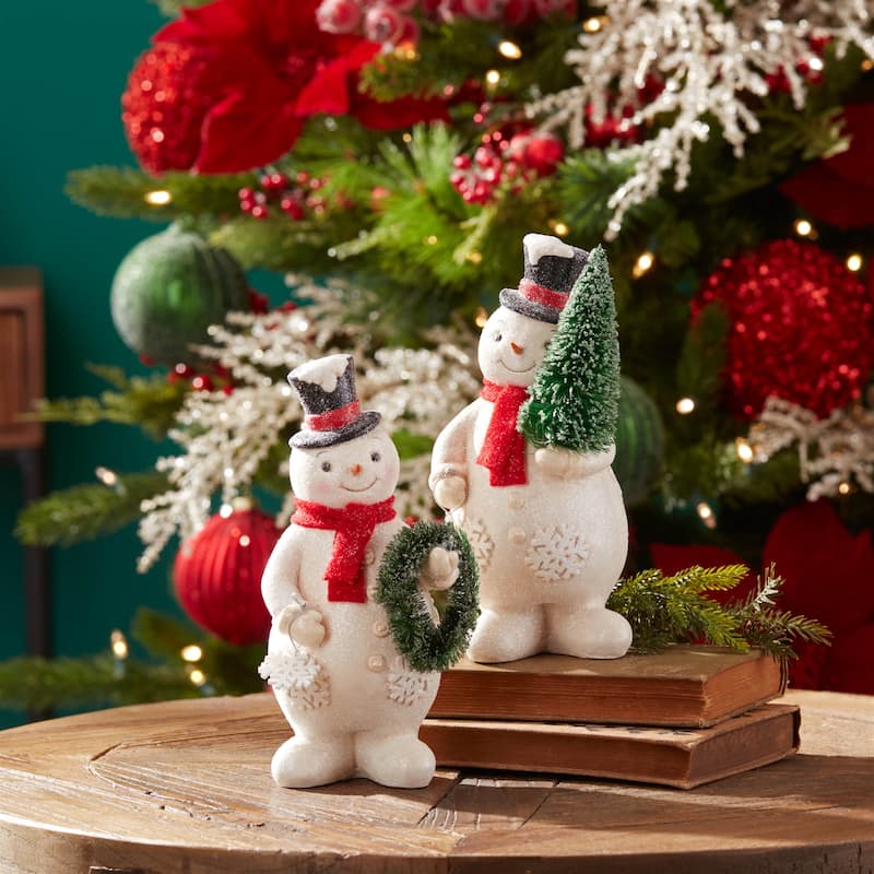 Paper Pulp and Sisal Wood Snowman Figurine Set of 2 with Glitter Finish - 4” x 4” x 8” (L x W x H)