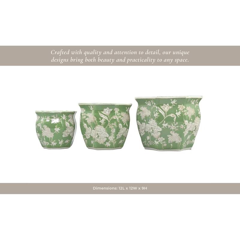 Ceramic Planters Floral Pattern Home Use (Set of 3) - 9", 8", 7" Green - 12" x 12" x 9"