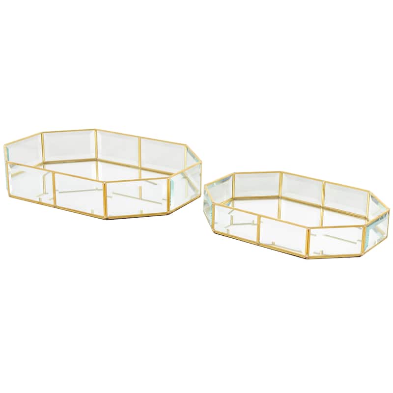 Glass Beveled Wide Octagon Jewelry Box with Gold Metal Frame - Set of 2 Clear - Roche River Decor - 10"W x 14"L x 3"H