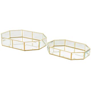 Glass Beveled Wide Octagon Jewelry Box with Gold Metal Frame - Set of 2 Clear - Roche River Decor - 10"W x 14"L x 3"H