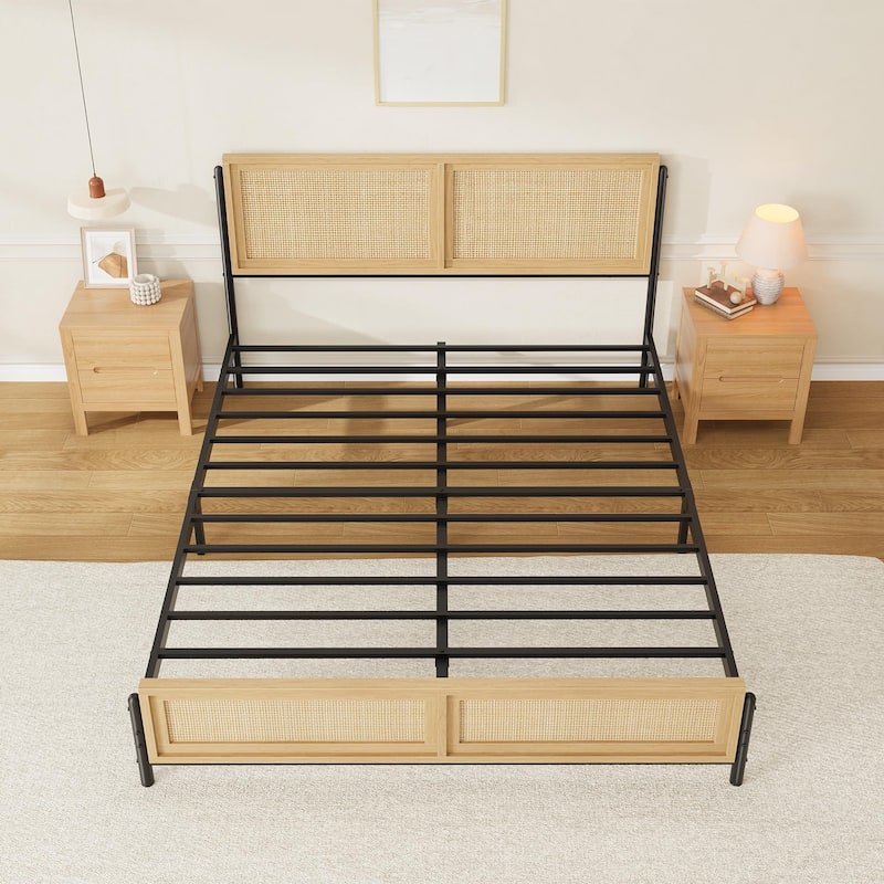 Boho Bed Frame with Natural Rattan Headboard and Footboard