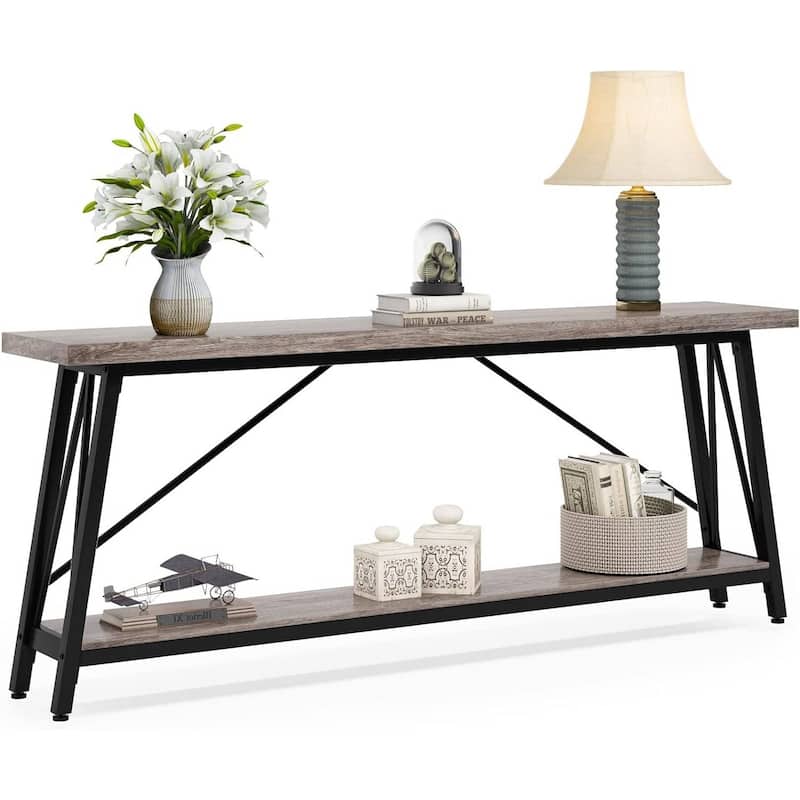 Heavy Duty 70-inch Industrial Brown Wood Top Sofa Table with White Metal Frame - Grey black
