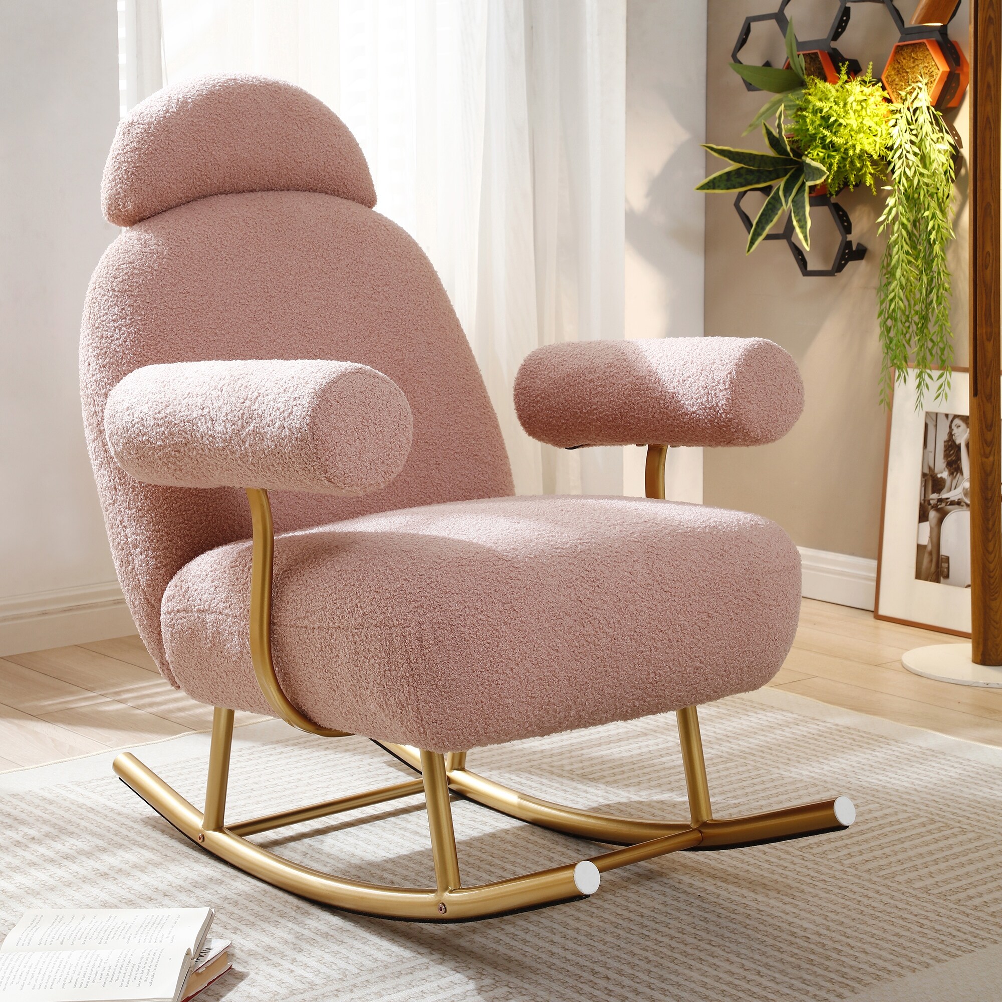 Sherpa Fabric Rocking Chair with Gold Metal Frame