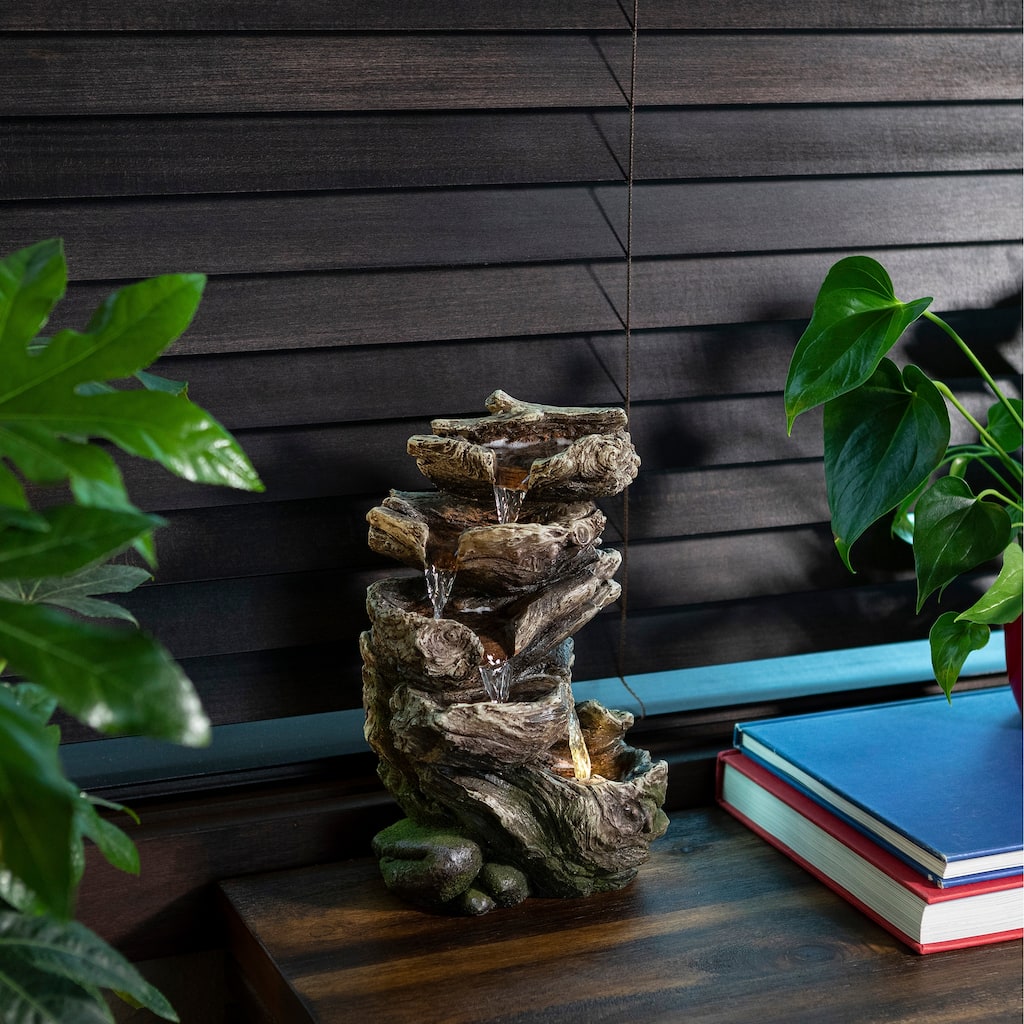 Alpine Corporation 11" Tall Indoor/Outdoor 5-Tier Rainforest Waterfall Fountain with LED Lights