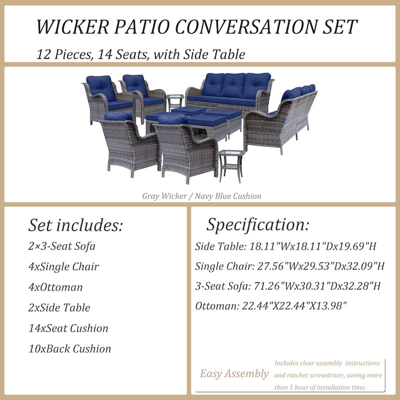 12 Piece Outdoor Wicker Patio Conversation Furniture Seating Sofa Sets