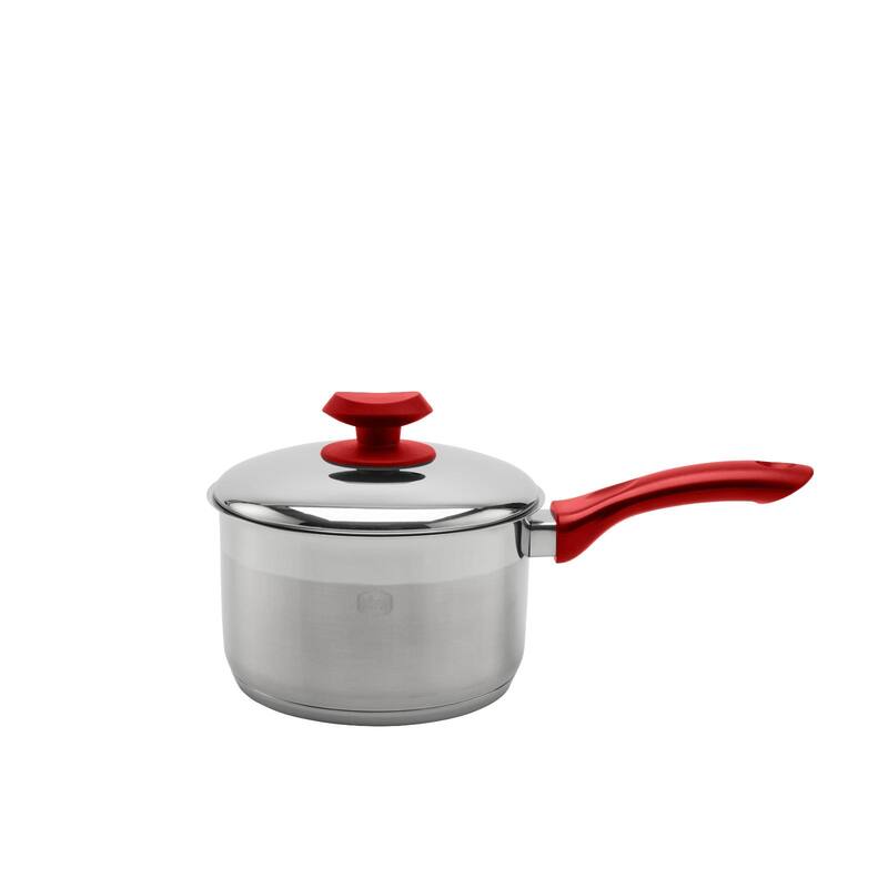 YBM Home Professional Chef’s 18/10 Stainless Steel Sauce Pot Covered Tri-Ply Capsule Base With Handle, Induction Compatible - 1 Quart - Red