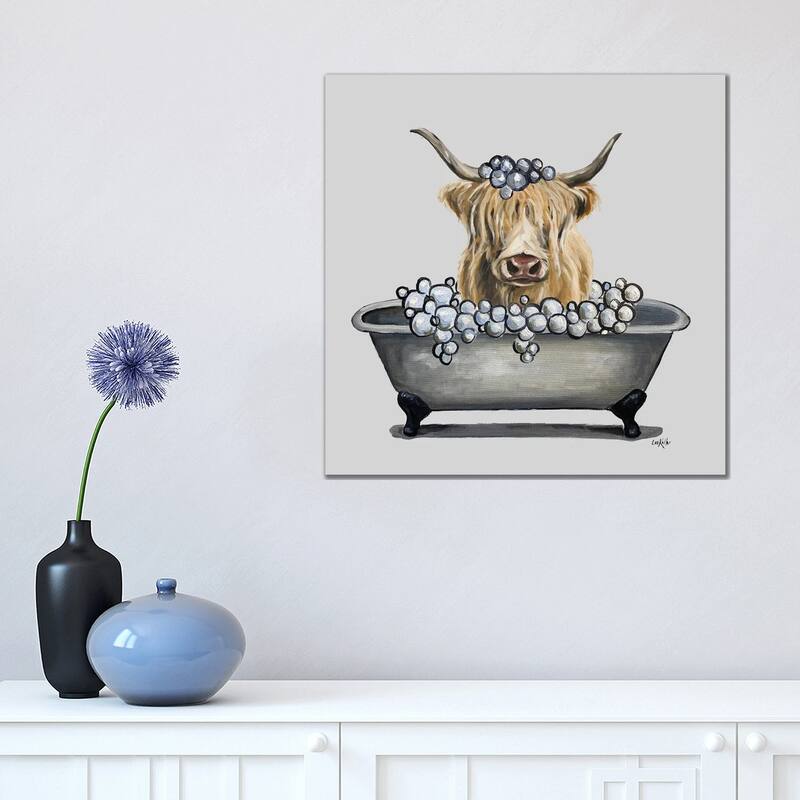 iCanvas "Animals In The Tub Series, Highland Cow In Bathtub" by Hippie Hound Studios Canvas Print - 18x18x1.5