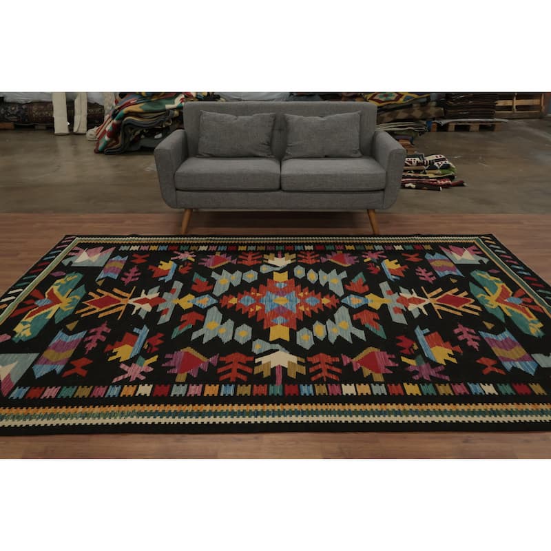 Hand Woven Oriental 100% Wool Carpet Southwestern Tribal Black Kilim Area Rug - 9' 10'' X 6' 8''