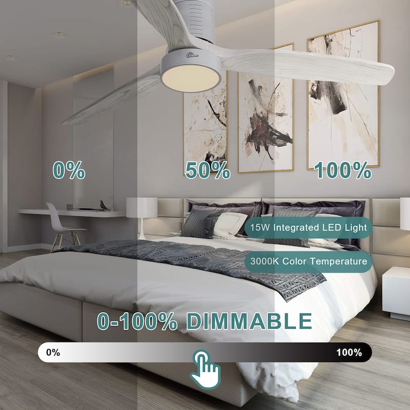 52 Inch Farmhouse Style Flush Mount Ceiling Fan with Light and Remote Control, Reversible DC Motor