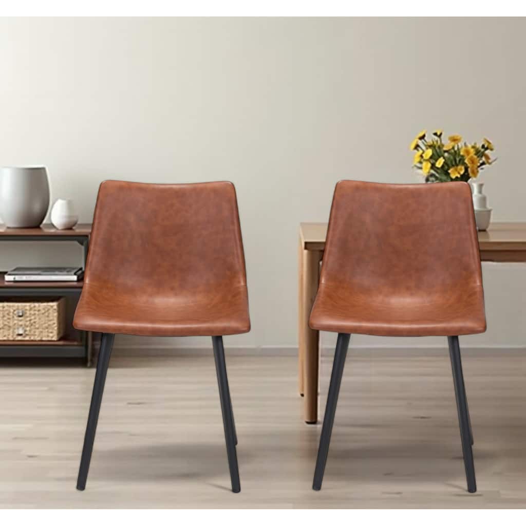 HomeRoots Set of Two Brown Vintage Look Faux Leather Slight Scoop Dining Chairs
