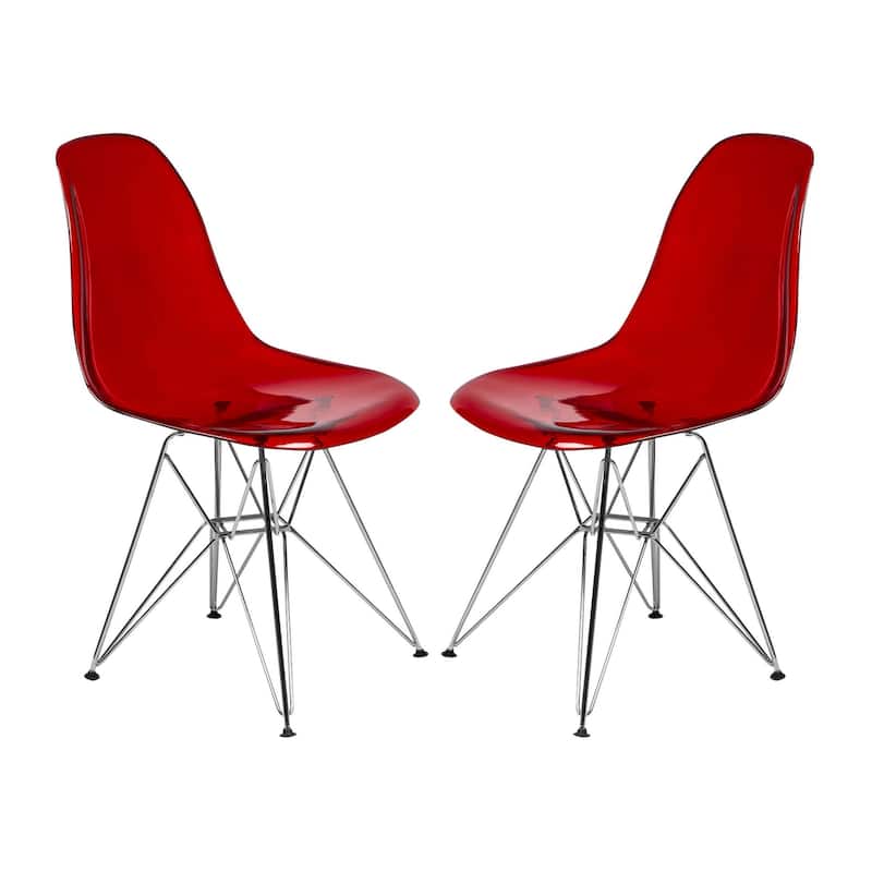 Cresco Transparent Acrylic Chairs with Chrome Eiffel Legs - Modern Dining Chairs for Kitchen Dining Room Home Office Set of 2 - Transparent Red