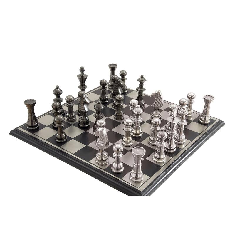Aluminum Metal Chess Game Set with Black and Silver Pieces - Silver - Roche River Decor