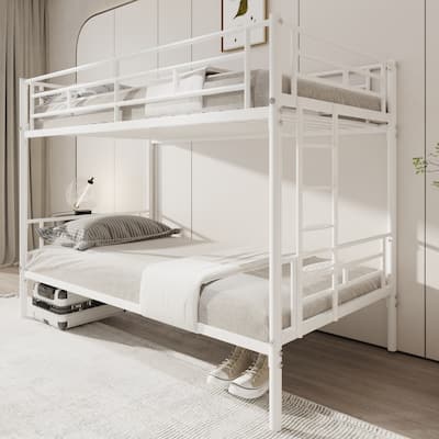 White Twin over Twin Metal Bunk Bed with Removable Ladder, Comfortable Rungs, Easy to assemble