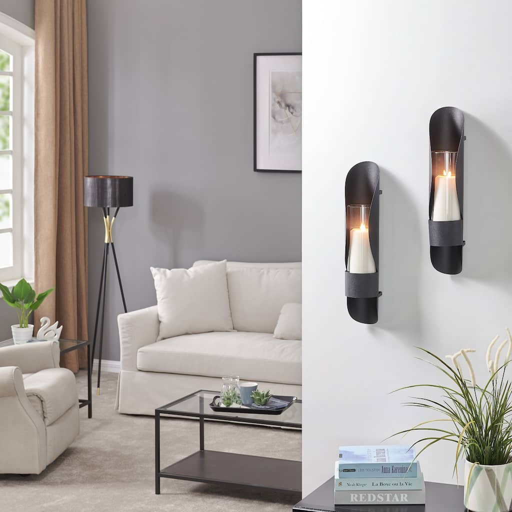 Curved Wall Sconce Candle Holders with Glass Insert - 18.75" - Black - Set of 2